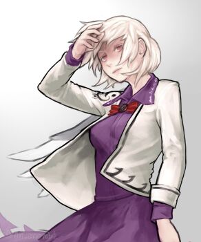 1girl arm_up artist_name bow bowtie brooch collared_shirt commentary_request cowboy_shot envenomist_(gengoroumaru) feathered_wings gradient_background highres jacket jewelry kishin_sagume long_sleeves one-hour_drawing_challenge pink_eyes purple_shirt purple_skirt red_bow red_bowtie shirt short_hair single_wing skirt solo touhou twitter_username white_hair white_jacket wings