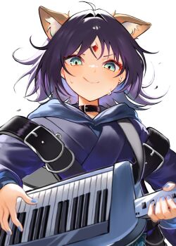 Rule 34 | 1girl, ahoge, animal ear fluff, animal ears, backlighting, black choker, blue hoodie, blue nails, cho kaguya-hime!, choker, closed mouth, commentary, forehead jewel, fox ears, green eyes, hood, hood down, hoodie, instrument, keytar, looking down, music, nail polish, parted bangs, playing instrument, purple hair, sakayori iroha, short hair, smile, solo, symbol-only commentary, upper body, white background, yunyame