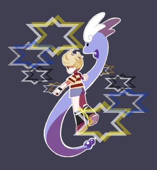 Rule 34 | 1boy, black socks, blonde hair, blue shorts, crossover, dragonair, full body, gen 1 pokemon, highres, holding, holding poke ball, looking ahead, lucas (mother 3), male focus, mother (series), mother 3, nintendo, poke ball, pokemon, pokemon (creature), shirt, short hair, shorts, simple background, socks, striped clothes, striped shirt, tanba (tanba-art)