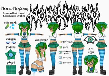 1girl 2025 absurdres armpit_focus artist_name black_boots black_gloves blue_shirt blue_socks blush boots character_name drowned english_text fingerless_gloves garters glasses gloves green_hair guro highres indie_virtual_youtuber kappa muffin_top nono_nozomi nonoxnobody oshi_mark panties pickle plaid_clothes plaid_skirt puddle shirt skirt socks spiked_garters tears underwear vest white_undershirt white_vest