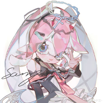 Rule 34 | 1girl, absurdres, acuteghost, ahoge, bandaid, bandaid hair ornament, black choker, black dress, black sleeves, blue eyes, choker, closed mouth, commentary, crossed bandaids, detached sleeves, dress, hair ornament, hand up, highres, horns, inkling, inkling girl, inkling player character, long hair, long sleeves, looking at viewer, nintendo, pink hair, pointy ears, red horns, sample watermark, simple background, sleeveless, sleeveless dress, solo, spiked choker, spikes, splatoon (series), symbol-only commentary, tearing up, tentacle hair, twintails, upper body, watermark, weibo watermark, white background