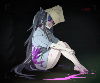 1girl bag bag_on_head barefoot black_hair blood blood_on_clothes blood_on_face blood_on_feet blood_on_ground blood_on_neck blue_hair blue_streaks danganronpa_(series) danganronpa_2:_goodbye_despair ear_piercing hair_horns hands_on_own_legs hospital_gown long_hair mioda_ibuki mogyus multicolored_hair noose piercing pink_blood pink_eyes pink_hair pink_streaks recording rope rope_around_neck sitting solo spoilers streaked_hair third-party_source tote_bag very_long_hair white_hair