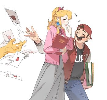 1girl 2boys :d ^_^ alternate_costume alternate_universe anger_vein backwards_hat baseball_cap black_hair black_shirt blue_pants book bow bowser bowser_logo brown_hair cardigan claws closed_eyes collar collared_shirt colored_skin commentary_request denim earrings facial_hair flick grey_skirt hair_bow hat highres holding holding_book jacket jeans jewelry korean_commentary laughing letter letterman_jacket long_hair love_letter mario multiple_boys mustache open_cardigan open_clothes open_mouth out_of_frame pants pink_bow pink_cardigan pink_ribbon ponytail princess_peach red_hat red_jacket ribbon shirt short_hair skirt smile sphere_earrings ssuregigame upper_body white_background white_collar white_shirt yellow_skin
