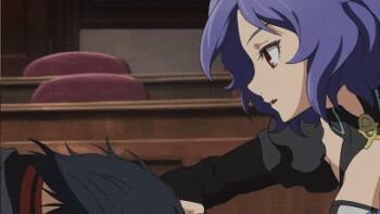 10s 1boy 1girl animated animated_gif chess_belle clothes_lift fang femdom grabbing_another&#039;s_hair high_heels holding_another&#039;s_hair ichinose_guren lowres military military_uniform owari_no_seraph purple_hair red_eyes skirt skirt_lift stomping trample vampire