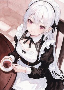 1girl absurdres apron breasts chair cleavage_cutout clothing_cutout commentary_request cup dress frilled_apron frilled_dress frills highres holding holding_cup long_hair looking_at_viewer maid maid_apron maid_headdress mannmaruu medium_breasts on_chair original painting_(medium) parted_lips purple_eyes sitting smile solo table teacup traditional_media watercolor_(medium) white_hair wooden_chair wooden_table