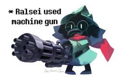 Rule 34 | 1boy, aestheticden, artist name, black fur, body fur, colored skin, deltarune, english text, fangs, full body, furry, furry male, glasses, goat boy, green-framed eyewear, green hat, gun, hat, highres, holding, holding gun, holding weapon, machine gun, pink scarf, ralsei, round eyewear, scarf, skin fangs, smile, solid oval eyes, solo, standing, teeth, weapon, white background, witch hat
