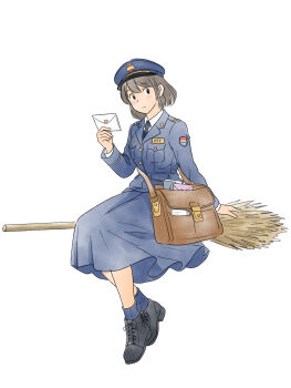 1girl bag belt black_hair blush boots brown_hair commentary_request full_body gogo_jolno hat highres holding letter long_sleeves original short_hair solo