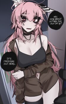 1girl ace_glitch arm_under_breasts black_choker black_tank_top breasts brown_shirt choker cleavage collarbone commentary cowboy_shot doorway double-parted_bangs english_commentary english_text girls&#039;_frontline hair_between_eyes highres long_hair long_sleeves looking_at_viewer medium_breasts navel open_mouth pearto persica_(girls&#039;_frontline) pink_eyes pink_hair pov_doorway raised_eyebrow shirt shirt_partially_removed solo speech_bubble talking tank_top thick_eyelashes uneven_eyes