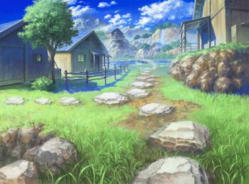 atelier_pocket blue_sky bridge building bush cloud cloudy_sky commentary_request day fence game_cg house mountain no_humans original outdoors rock scenery sky tree village water waterfall