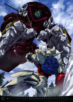 absurdres battle beam_cannon calendar_(medium) cloud cloudy_sky duel glint gundam highres machinery mecha mecha_focus mobile_armor mobile_suit no_humans one-eyed pine_tree robot scan scene_reference science_fiction shigeta_atsushi size_difference sky traditional_media tree turn_a_gundam turn_a_gundam_(mobile_suit) v-fin wadom walker_(robot)
