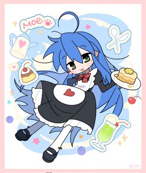 1girl :3 ahoge alternate_costume apron blue_hair blush_stickers border bow bowtie cherry commentary corrupted_twitter_file dress enmaided food frilled_dress frills fruit full_body green_eyes highres holding holding_tray izumi_konata kettle knife long_hair long_sleeves lucky_star maid mary_janes melon_soda mole mole_under_eye open_mouth pancake pancake_stack pantyhose pink_border pudding qiyu_(qiyu_seven77) shoes single_blush_sticker smile solo spoon symbol-only_commentary tray very_long_hair