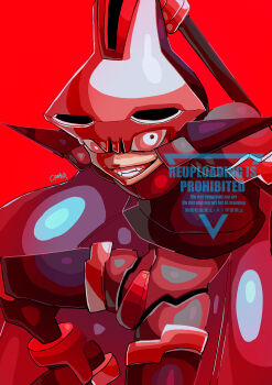 1boy absurdres armor blue_hair cowboy_shot crotch_plate doludolu55 helmet highres holding long_hair male_focus mega_man_(series) mega_man_zx model_w_(mega_man) prometheus_(mega_man) purple_armor red_background red_eyes simple_background skull-shaped_hat smirk solo watermark white_helmet