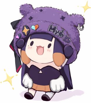 1girl :3 :d black_dress blunt_bangs blush chibi chibi_only commentary dress english_commentary full_body hat hat_ornament heart heart_hat_ornament hololive long_hair low_wings mole mole_under_eye ninomae_ina'nis ninomae_ina'nis_(1st_costume) open_mouth purple_hair simple_background sleeveless sleeveless_dress smile smol_ina solid_oval_eyes solo sparkle takodachi_(ninomae_ina'nis) tentacle_hair virtual_youtuber white_background wings yuuyu_(777)