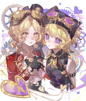 Rule 34 | 2girls, :3, absurdres, animal hat, arm strap, ascot, bare shoulders, black gloves, black hair, black hat, black shirt, blonde hair, braid, cat hat, chain, chinese commentary, commentary request, dual persona, eyewear on headwear, four-finger heart hands, gloves, goggles, goggles on headwear, gradient hair, half up braid, hat, heart, heart hands, heart hands duo, highres, identity v, jacket, long sleeves, medium hair, multicolored hair, multiple girls, open mouth, parted bangs, purple eyes, red jacket, shirt, short hair, sleeveless, sleeveless shirt, sparkle, tracy reznik, tracy reznik (lock core), tracy reznik (lockheart), wavy hair, white ascot, white shirt, wispy bangs, ye qingcai, yellow eyes