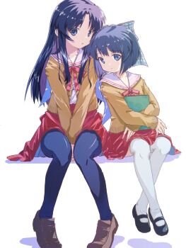 2girls akayama_yukihe between_legs black_hair black_pantyhose black_shoes blue_eyes blue_hair blunt_ends bob_cut book bow bowtie brown_shoes cardigan closed_mouth commentary couch crossed_ankles full_body hand_between_legs highres holding holding_book invisible_chair kawana_misaki kouzuki_mio leaning_to_the_side loafers long_hair looking_at_viewer mary_janes medium_hair miniskirt multiple_girls on_couch one_-_kagayaku_kisetsu_e open_mouth pantyhose pink_bow pink_bowtie red_skirt sailor_collar school_uniform serafuku shoes sidelocks simple_background sitting skirt sleeves_past_wrists smile straight_hair thighhighs v_arms white_background white_sailor_collar white_thighhighs yellow_cardigan