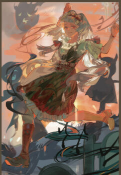 1girl absurdres argyle_clothes argyle_socks arm_up arms_up asymmetrical_footwear asymmetrical_legwear belt black_shoes black_skirt bracelet braid chinese_commentary commentary_request fang flowerfell405 frilled_skirt frills full_body grin hair_intakes hairband highres jewelry knees leg_up long_hair mismatched_footwear mismatched_legwear musical_note outdoors pleated_sleeves red_belt red_eyes red_hairband red_skirt red_socks reverse:1999 ribbed_socks rubuska shirt shoes short_sleeves skirt smile socks solo two-tone_skirt variant_set very_long_hair white_hair white_shirt yellow_shoes yellow_socks