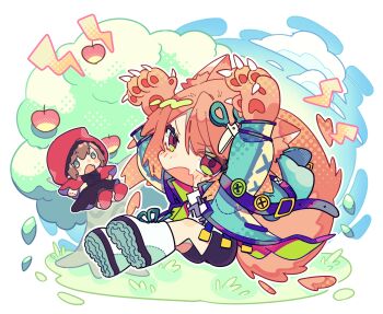 Rule 34 | 2girls, animal ear fluff, animal ears, apple, apple tree, arms up, black shirt, blue jacket, blush stickers, boots, claws, commentary request, day, fang, food, fruit, full body, highres, jacket, lace-up boots, little red riding hood (fairy tale), little red riding hood (fairy tale character), long sleeves, looking at viewer, multiple girls, notamaru 2, open clothes, open jacket, open mouth, orange hair, original, outdoors, outline, red eyes, scissors hair ornament, shirt, short hair, skin fang, tail, tree, white boots, white outline, white shirt, wolf ears, wolf girl, wolf paws, wolf tail