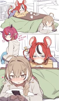 3girls ? ahoge animal_ear_fluff animal_ears bed black_hair black_streaks blue_eyes blush bookshelf braid breath brown_eyes brown_hair commentary cookie cup demon_horns double-parted_bangs food full-face_blush grey_sweater hair_between_eyes hair_ornament hairclip hakos_baelz heart heavy_breathing heterochromia highres holding holding_phone hololive hololive_english horns implied_yuri irys_(hololive) kotatsu lying mouse_ears mouse_tail multicolored_hair multiple_girls nanashi_mumei on_stomach open_mouth orobou paid_reward_available phone pillow plate pointy_ears purple_eyes purple_hair red_hair rune_hair_ornament saliva sexually_suggestive short_hair spoken_question_mark stuffed_toy sweat sweater symbol-only_commentary table tail twintails under_kotatsu under_table virtual_youtuber white_hair white_streaks white_sweater yellow_sweater
