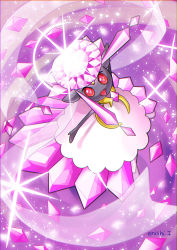 :d bad_id bad_pixiv_id border commentary_request creature diancie from_above full_body gen_6_pokemon happy highres legendary_pokemon looking_at_viewer looking_up mega_diancie mega_pokemon mythical_pokemon nintendo no_humans open_arms open_mouth pokemon pokemon_(creature) purple_theme red_eyes signature smile solo sparkle yukari_(yukari21653710)