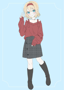 1girl absurdres alice_margatroid alternate_costume black_boots black_skirt blonde_hair blue_background blue_eyes blush boots closed_mouth commentary_request contemporary hairband highres knee_boots long_sleeves looking_at_viewer red_hairband red_sweater skirt smile solo sweater touhou tsuno_no_hito v