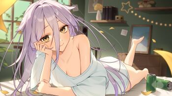 1girl absurdres bare_shoulders breasts can commentary drawer drink_can english_commentary feet henya_the_genius highres indie_virtual_youtuber legs looking_at_viewer lying o_t_o_(3u9c6) on_stomach oversized_clothes oversized_shirt petals plant potted_plant purple_hair shirt small_breasts star_(symbol) stuffed_animal stuffed_toy teddy_bear thighs virtual_youtuber window yellow_eyes