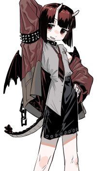 1girl absurdres arm_behind_head armlet black_gloves black_skirt breast_pocket chain collar commentary cowboy_shot dragon_horns dragon_tail dragon_wings fingerless_gloves frogsnake gloves hand_on_own_hip highres horns jacket jewelry limited_palette looking_at_viewer loose_necktie medium_hair necktie off_shoulder open_clothes open_jacket original oversized_clothes oversized_jacket pocket red_eyes red_hair red_jacket red_necktie red_shirt sharp_teeth shirt shirt_partially_tucked_in simple_background skirt smile solo spiked_armlet spiked_collar spikes tail teeth white_background white_shirt wide_sleeves wings