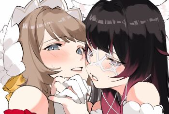 2girls bare_shoulders black_hair blush bonnet brown_hair cheek-to-cheek columbina_(genshin_impact) commentary genshin_impact gloves grey_eyes heads_together highres holding_hands interlocked_fingers multiple_girls parted_lips pink_streaks sa_3987 sandrone_(genshin_impact) symbol-only_commentary white_gloves yuri