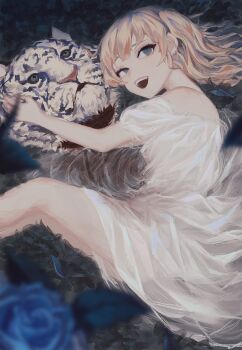 1girl bare_shoulders blonde_hair blue_eyes blue_flower blue_rose blurry blurry_foreground choppy_bangs commentary decapitation dress empty_eyes flower guro highres holding holding_detached_head long_hair looking_at_viewer lying okubatomaeba on_side open_mouth original rose short_sleeves smile solo tiger white_dress white_tiger