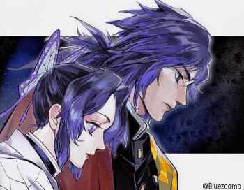 1boy 1girl black_jacket bluezooms border butterfly_hair_ornament butterfly_print_haori closed_mouth commentary_request demon_slayer_uniform gold_buttons hair_between_eyes hair_ornament haori highres jacket japanese_clothes kimetsu_no_yaiba kochou_shinobu long_hair low_ponytail parted_bangs ponytail print_haori purple_eyes purple_hair sidelocks tomioka_giyuu twitter_username upper_body white_border