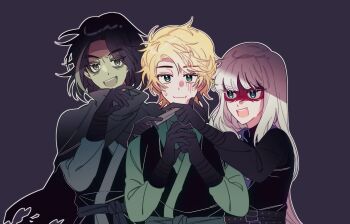 Rule 34 | 1girl, 2boys, :d, animification, belt, belt buckle, black background, black belt, black cape, black dougi, black hair, blade to throat, blonde hair, blue eyes, blunt bangs, buckle, cape, colored skin, commentary request, dougi, green belt, green eyes, green shirt, green skin, green sleeves, green streaks, hand on another's cheek, hand on another's chin, hand on another's face, hand up, hands up, harumi (ninjago), highres, holding, holding knife, holding weapon, knife, korean commentary, ll0 yd, lloyd garmadon, long hair, long sleeves, morro, multicolored hair, multiple boys, nervous smile, ninjago, open mouth, outline, parted bangs, red facepaint, shirt, short hair, sidelocks, simple background, smile, streaked hair, sweat, teeth, torn cape, torn clothes, undershirt, upper body, upper teeth only, v-shaped eyebrows, weapon, white hair, white outline