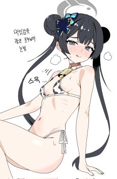 1girl :q alternate_costume animal_print arm_support bell bikini black_hair blue_archive braid braided_bun breasts butterfly_hair_ornament choker closed_mouth commentary cow_print cow_print_bikini cowbell double_bun english_commentary fingernails grey_eyes grey_halo hair_bun hair_ornament halo highres kisaki_(blue_archive) loli long_hair looking_at_viewer mel_(rjsvhehekd) navel neck_bell print_bikini puff_of_air red_choker ribs side-tie_bikini_bottom simple_background small_breasts small_sweatdrop smile solo split_mouth sweat swimsuit tongue tongue_out translation_request twintails very_long_hair white_background