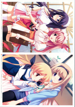 4girls :o absurdres alternate_costume antenna_hair aoi_sena apron back_bow bed bed_sheet black_bow black_headband black_pantyhose black_thighhighs blonde_hair blue_dress blue_jacket blue_skirt blush bow breasts chaos;head charm_(object) collar collarbone cuffs dangling denim denim_skirt dress enmaided exif_rotation fingernails frills frog gero-froggy gesture hair_bow hair_ribbon hairband hand_on_own_chest hand_on_own_leg head_tilt headband highres holding holding_board holding_charm holding_menu hood hoodie jacket long_hair long_sleeves looking_at_another looking_at_viewer lying maid maid_apron maid_headdress matsuo_yukihiro medium_breasts menu menu_board miniskirt multiple_girls multiple_hair_bows nishijou_nanami non-web_source official_art on_bed on_stomach one_eye_closed open_mouth orange_apron orihara_kozue pantyhose pink_apron pink_hair plant pointing ponytail potted_plant puffy_short_sleeves puffy_sleeves purple_eyes purple_hair red_ribbon ribbon ribbon-trimmed_collar ribbon_trim sakihata_rimi sash science_adventure shirt short_sleeves short_twintails side_ponytail sidelocks skirt small_breasts smile string striped_clothes striped_shirt suspender_skirt suspenders thighhighs twintails waist_apron waist_sash white_apron white_headdress white_shirt white_thighhighs window windowsill worried wrist_cuffs