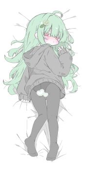 Rule 34 | 1girl, :o, ahoge, ass, bed sheet, black panties, black pantyhose, blush stickers, censored, colored eyelashes, commentary request, dakimakura (medium), food-themed hair ornament, from behind, full body, green hair, grey hoodie, hair ornament, heart, heart censor, highres, hood, hood down, hoodie, izumi (yura izumi), lime hair ornament, long hair, long sleeves, looking at viewer, looking back, lying, no pants, on bed, on stomach, original, panties, pantyhose, red eyes, sleeves past wrists, solo, underwear