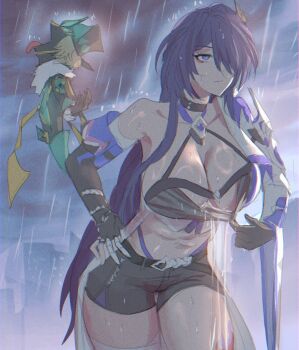 1boy 1girl acheron_(honkai:_star_rail) aventurine_(boss)_(honkai:_star_rail) aventurine_(honkai:_star_rail) black_gloves black_hat black_shorts blonde_hair breasts cleavage closed_mouth commentary gloves gnarlypzofbread goku_and_vegeta_in_the_rain_(meme) hair_over_one_eye hand_on_own_hip hat highres honkai:_star_rail honkai_(series) huge_breasts long_hair meme midriff pulling_own_clothes purple_eyes purple_hair rain short_shorts shorts single_bare_shoulder single_wide_sleeve very_long_hair