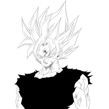 1boy 1rasutotoukou absurdres battle_damage dragon_ball dragonball_z greyscale highres male_focus monochrome muscular muscular_male serious shirt simple_background solo son_goku spiked_hair super_saiyan super_saiyan_1 torn_clothes torn_shirt upper_body white_background