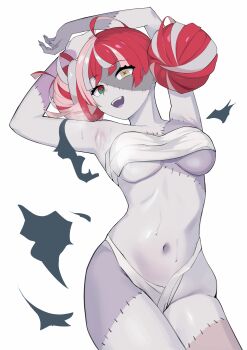 1girl absurdres armpits bow colored_skin double_bun grey_hair grey_skin hair_bun heterochromia highres hololive hololive_indonesia kureiji_ollie long_hair looking_at_viewer multicolored_hair multicolored_skin open_mouth patchwork_skin pink_hair red_eyes red_hair shift_(shiftillust) smile solo stitched_face stitches virtual_youtuber white_background yellow_eyes zombie