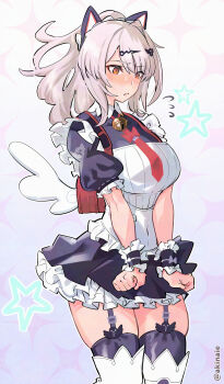 Rule 34 | 1girl, absurdres, akinaie, animal ear hairband, animal ears, apron, bell, black dress, blush, breasts, cat ear hairband, cat ears, commentary request, cosplay, dress, fake animal ears, hair ornament, hairband, hairclip, highres, jingle bell, large breasts, long hair, ponytail, puffy short sleeves, puffy sleeves, short sleeves, sunna (afternoon tea break) (zenless zone zero), sunna (zenless zone zero), sunna (zenless zone zero) (cosplay), thighhighs, thighs, white apron, white hair, winged bag, wrist cuffs, yellow eyes, yixuan (zenless zone zero), zenless zone zero