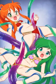 2girls armor arms_up ayanokouji_rem barefoot bikini bikini_armor bikini_pull blush breasts caron_(rall) clothes_pull commentary_request commission commissioner_upload crossover dream_hunter_rem feet fugetsu_taku green_eyes green_hair grinding highres legs long_hair multiple_girls navel open_mouth orange_hair pink_bikini ponytail pussy rape red_bikini restrained sf_choujigen_densetsu_rall skeb_commission small_breasts spread_legs stomach swimsuit tentacles tentacles_under_clothes thighs toes translucent