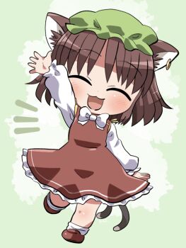 1girl :3 :d ^_^ animal_ear_fluff animal_ears arm_up blush bow bowtie brown_hair cat_ears cat_girl cat_tail chen chibi chibi_only closed_eyes commentary_request dot_nose dress earrings facing_viewer frilled_dress frills full_body green_background green_hat hat highres jewelry long_sleeves mob_cap multiple_tails notice_lines open_mouth pinafore_dress red_dress red_shoes rokugou_daisuke shirt shoes short_hair signature single_earring sleeveless sleeveless_dress smile socks solo standing standing_on_one_leg tail touhou two_tails white_bow white_bowtie white_shirt white_socks