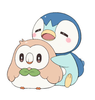 blush_stickers bright_pupils brown_eyes closed_eyes closed_mouth commentary_request gen_4_pokemon gen_7_pokemon momiyon nintendo no_humans open_mouth piplup pokemon pokemon_(creature) pokemon_focus rowlet simple_background sitting tongue white_background white_pupils