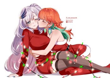2girls aqua_eyes arm_support arms_around_waist bare_shoulders belt black_belt black_thighhighs braid braided_bangs breasts colored_inner_hair commentary dress feather_hair_ornament feathers fur-trimmed_dress fur_trim gradient_hair green_feathers green_hair grey_hair hair_flaps hair_ornament hololive hololive_english hololive_indonesia kiss kissing_cheek kneeling large_breasts leotard long_hair long_sleeves multicolored_hair multiple_girls no_pants oioi_ainomo orange_hair pavolia_reine red_dress red_sweater red_thighhighs santa_costume santa_dress short_dress side_ponytail sitting sleeveless sleeveless_dress strapless strapless_leotard sweater swept_bangs symbol-only_commentary takanashi_kiara thighhighs very_long_hair virtual_youtuber wavy_hair white_background yuri