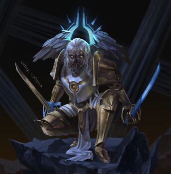 1boy arm_guards armor boots breastplate catnip_cataria column dim_lighting dual_wielding eldritch_abomination empty_eyes extra_eyes extra_tongue feathered_wings full_body gabriel_(ultrakill) hair_over_shoulder highres holding holding_sword holding_weapon horror_(theme) knee_up long_tongue looking_at_viewer male_focus open_mouth pelvic_curtain pillar rock sharp_teeth shoulder_armor solo squatting sword teeth tongue ultrakill vertical_mouth weapon white_hair white_wings wings yellow_eyes