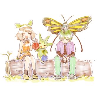 1boy 1girl bandana beautifly bike_shorts black_shirt black_shorts black_sleeves brown_eyes brown_hair closed_eyes dress drew_(pokemon) fanny_pack flower gen_3_pokemon gloves grass green_bandana green_eyes green_hair green_pants hthtmrmr insect_wings jacket looking_at_another may_(pokemon) medium_hair nintendo open_mouth orange_dress pants pokemon pokemon_(anime) pokemon_(creature) pokemon_dppt_(anime) pokemon_rse_(anime) purple_jacket roselia_(pokemon) shirt shorts sitting sitting_on_log smile traditional_media white_background wings