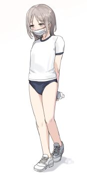 1boy androgynous arms_behind_back bare_legs blue_buruma bottle bulge buruma commentary_request crew_neck crossdressing crossdressing_(mtf) full_body grey-haired_boy_(sunaba_(nczd5875)) grey_eyes grey_hair gym_shirt gym_uniform holding holding_bottle looking_to_the_side male_focus medium_hair no_socks original partial_commentary plastic_bottle shadow shirt shoes short_sleeves simple_background sneakers solo standing sunaba_(nczd5875) t-shirt trap white_background white_shirt white_shoes