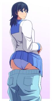 1girl absurdres ass axe934 clothes_pull expressionless highres looking_at_viewer looking_back pants pants_pull skirt tagme