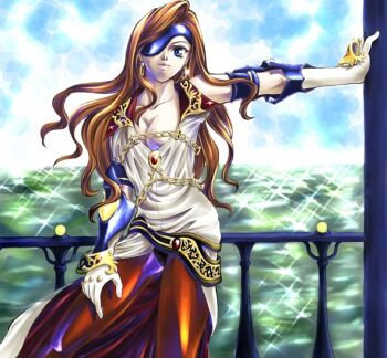 1girl beatrix blue_eyes breasts brown_hair cleavage eyepatch female_focus final_fantasy final_fantasy_ix gloves large_breasts long_hair min_kwan pantyhose solo