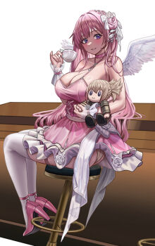 1girl angel_wings ass bare_shoulders breasts chair cleavage commentary cup doll dorothy_(nikke) dorothy_(nostalgia)_(nikke) dress goddess_of_victory:_nikke hair_bun high_heels holding holding_doll large_breasts long_hair official_alternate_costume on_chair panties pink_dress pink_hair pink_heels pink_shoes pinne_(nikke) purple_eyes shoes silvertsuki single_side_bun sitting solo teacup thighhighs underwear white_background white_panties white_thighhighs wings