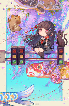 1girl black_cat black_hair black_jacket black_serafuku black_shirt black_skirt cat chibi chibi_only chisa_(wuthering_waves) closed_mouth diudou hair_ribbon highres holding jacket koi long_hair mole mole_under_eye namipon_(wuthering_waves) neckerchief red_eyes red_neckerchief red_ribbon ribbon sailor_collar school_uniform serafuku shirt sitting skirt smile solo traffic_light white_sailor_collar wuthering_waves