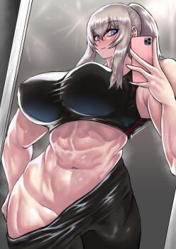 1girl abs alternate_breast_size_(larger) alternate_costume alternate_muscle_size bare_arms bare_hips bare_shoulders black_pants black_sports_bra blue_eyes bougainvillea_(unnryuu) breasts cellphone clothes_lift clothes_pull commentary_request girls_und_panzer grey_hair groin hand_up highres holding holding_phone huge_breasts itsumi_erika medium_hair mirror muscular muscular_female no_panties pants phone ponytail reflection revision selfie sidelocks smartphone solo sports_bra standing sweat taking_picture thick_thighs thighs undressing yoga_pants