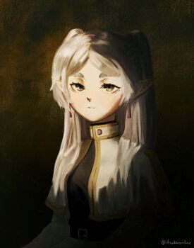 1girl absurdres belt black_belt black_shirt canvas_texture capelet earrings elf expressionless faux_traditional_media frieren green_eyes highres itsukaonline jewelry pointy_ears portrait_(object) shirt solo sousou_no_frieren teardrop_earrings twintails undershirt white_capelet white_hair